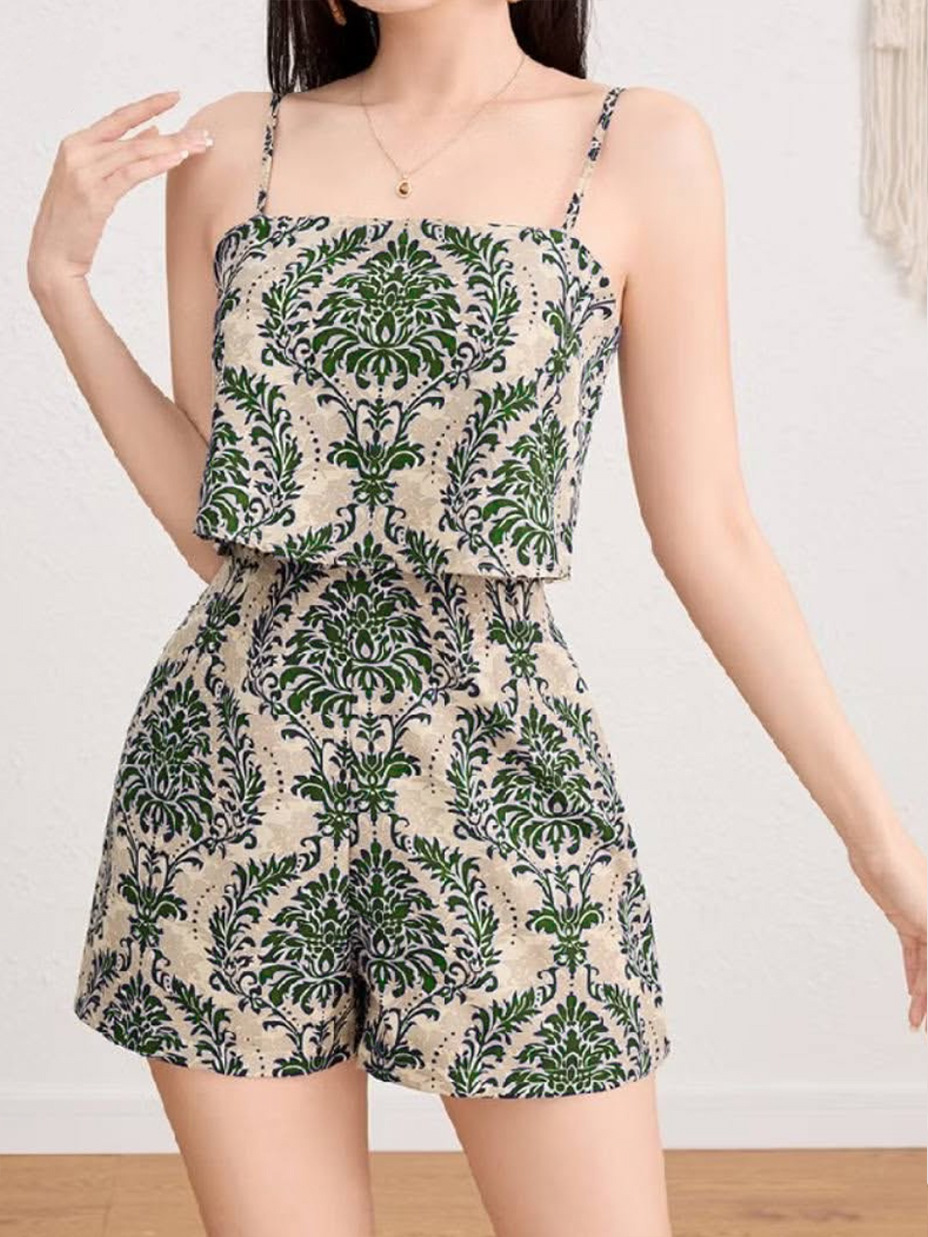 Retro Ethnic-style Printed Faux Two-piece Strap Jumpsuit - Image 5
