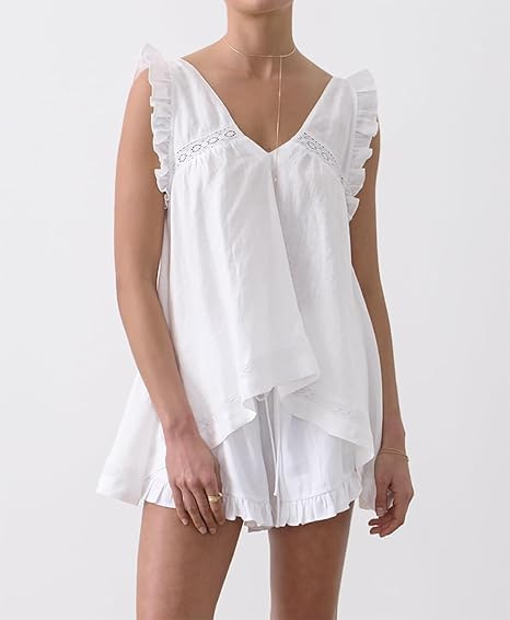 French-style Instagram Inspired New Sleeveless Hollow Out Backless Ruffled V Neck Pajama Set