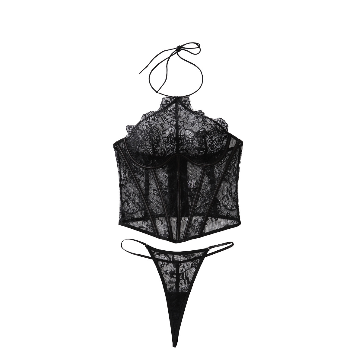 Sheer Lace Strapless Underwire Body-Shaping Corset Sexy Halter-Neck Lingerie Set - Image 2