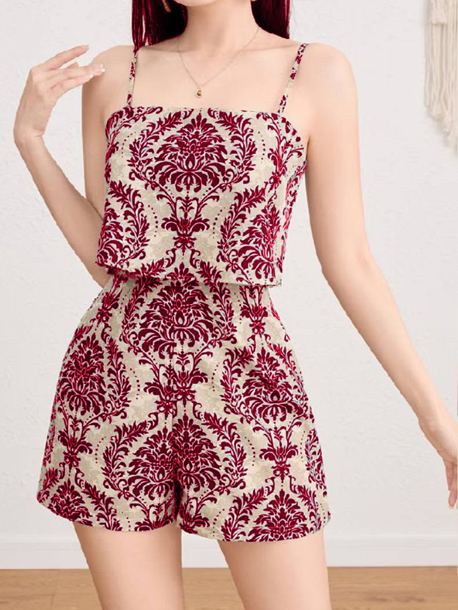 Retro Ethnic-style Printed Faux Two-piece Strap Jumpsuit - Image 4